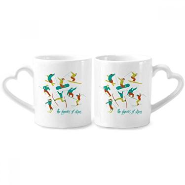 Imagem de Conjunto de canecas de porcelana para casais com ilustração colorida para esportes de inverno e esquiar com coração