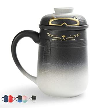 Imagem de TEANAGOO Caneca de cerâmica com infusor de chá de gato com tampa, 460 ml/473 ml, gradiente preto para branco, grande conjunto de xícaras de chá japonesas, copo difusor de chá, cerâmica alta, gatos fofos, caneca de café japonesa com alça