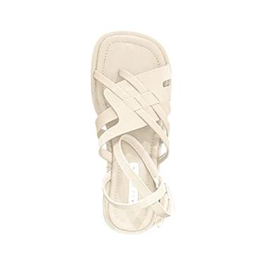 Imagem de Sandália feminina casual com fivela de cinto vazada fundo plano sandálias femininas de verão moda sandálias femininas terra sandálias femininas tamanho 10 (branco, 8)