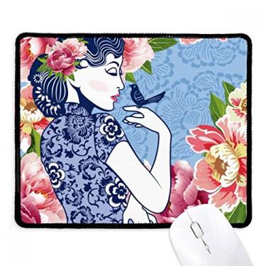 Imagem de Mousepad feminino de flor de pássaro com borda costurada, tapete de borracha para jogos