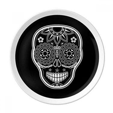 Imagem de Prato decorativo de porcelana salver louça de jantar branco preto do México Dia dos Mortos