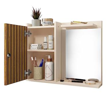 Imagem de Espelheira Suspensa Madri Armário Parede Armarinho Banheiro Prateleira Organizadora - Off White/Ripado Nature - RPM Móveis