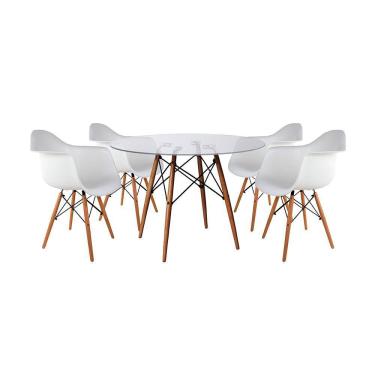 Imagem de Mesa Sala de Jantar Eiffel Eames Redonda Vidro 90cm com 4 Poltronas Brancas Base Madeira Maciça