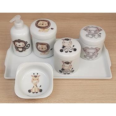 Imagem de Kit higiene bebê Safari 6 peças - bandeja, potes, porta álcool e molhadeira - Tudo Porcelana