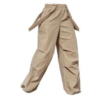 Imagem de Calças para mulheres elásticas soltas retas calças casuais com bolsos calças de moletom de perna larga cor sólida feminina fina cintura alta calças soltas (Cáqui, P)