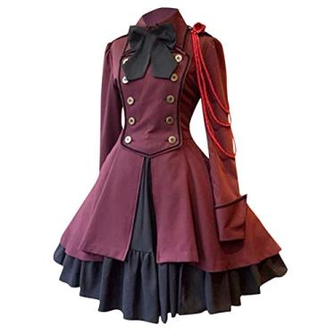 Imagem de Renn Faire Fantasia feminina vestido curto medieval para mulheres vestido Lolita de manga comprida vestido gótico em camadas vestido Steampunk roupas de Halloween trajes de tribunal para mulheres fantasia feminina medieval