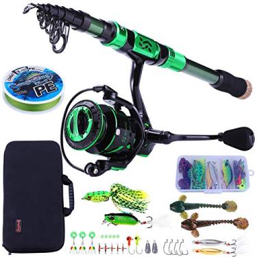 Imagem de Vara de pesca Sougayilang e carretel Combos – Bastão de pesca telescópica de fibra de carbono – Molinete giratório 12 + 1 BB com estojo de transporte para kit de equipamentos de pesca de água salgada e doce (verde 2,7 m a 4000)