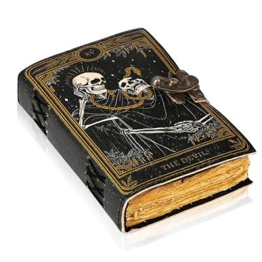 Imagem de TUZECH Livro de feitiços de couro encadernado diário com borda de baralho Grimório impresso diário de bruxaria de terceiro olho e caderno de feitiços de bruxa antigo livro vintage para homens e