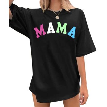 Imagem de Camiseta Mamãe Feminina: Camisetas Grandes Mamãe Modernas Camisetas Soltas Casuais de Verão Estampa de Letras Tops de Manga Curta, Preto, M
