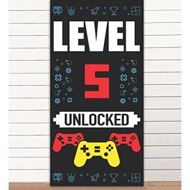 Imagem de Level 5th Desbloqueado Happy 5th Birthday Level Up Banner Pano de fundo para cabine de fotos adereços de videogames decoração tema gamepad para meninos meninas 5º aniversário lembrancinhas suprimentos decorações