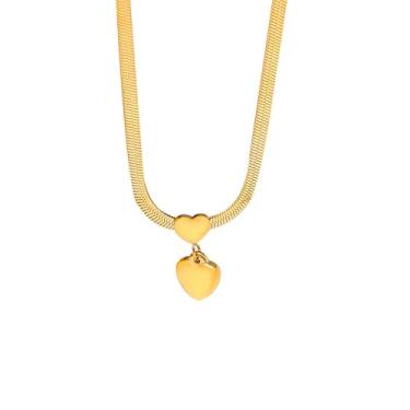 Imagem de Loqimu Corrente de espinha de peixe de 3 mm, colar com pingente de coração, ouro, aço inoxidável, clavícula, gargantilha para mulheres, adolescentes, meninas, delicada, corrente de cobra, corrente