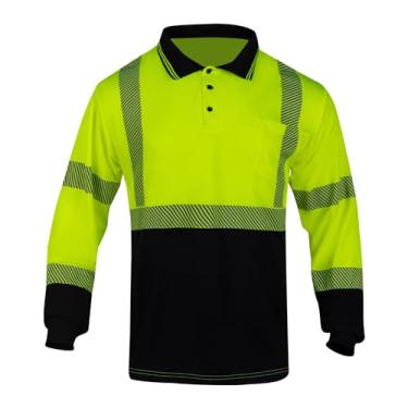 Imagem de FONIRRA Camisas polo de segurança de alta visibilidade manga longa Hi Vis camisa reflexiva para trabalho com parte inferior preta, Amarelo, 3G