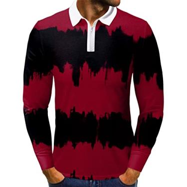 Imagem de ZDDO Camisa polo masculina com zíper manga comprida gola lapela moda tie dye patchwork slim fit casual golfe, 029 - vermelho, XG