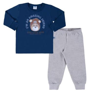 Imagem de Conjunto Camiseta Malha Azul Marinho Urso E Calça Moletom Mescla Marla