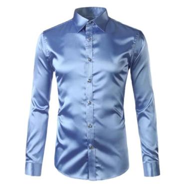 Imagem de JXQXHCFS Camisa social masculina casual de botão para festa e casamento, Azul claro, G