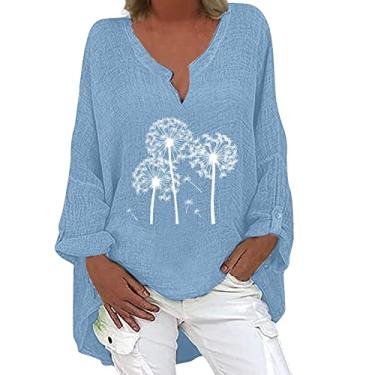 Imagem de Camisetas femininas de linho de manga comprida gola redonda com estampa floral blusas soltas leves de verão, Azul-celeste, XXG