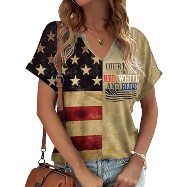 Imagem de Courtesy of The Red White and Blue Camisetas femininas vintage música country camiseta casual bandeira americana, Multicolorido-3, M