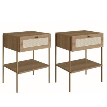 Imagem de Kit 2 Mesas de Cabeceira 1 Gaveta Palhinha Pé Metal Dourado Oslo - Art