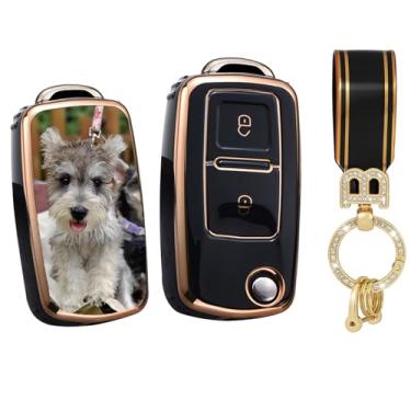Imagem de HIBEYO Capa de chaveiro personalizada compatível com VW Volkswagen MK4 Bora Golf 4 5 6 Jetta Passat Polo Bora Touran Skoda Acessórios de assento dobrável personalizado 2 botões Capa tipo C Preto