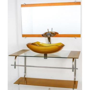 Imagem de Gabinete de vidro para banheiro inox 80cm cuba abaulada dourado real -