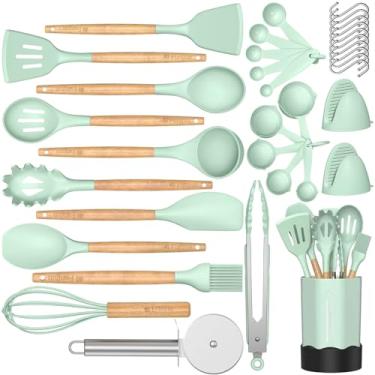 Imagem de Fungun Conjunto de utensílios de cozinha de silicone, 35 peças, utensílios de cozinha, cabo de madeira, colheres, espátulas, espátulas, espátulas, espátulas, espátulas, batedores, utensílios de