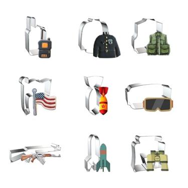 Imagem de WJSYSHOP Conjunto de 9 peças de cortadores de biscoito militares – Walkie Talkie, uniforme de serviço militar, colete tático, bandeira, bomba, óculos militares, rifle, míssil, binóculos militares - B