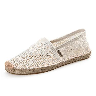 Imagem de Alexis Leroy Espadrilles de lona listrada plana feminina tradicional, Branco, 6-6.5