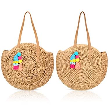 Imagem de Hillban 2 peças de bolsa de praia de tecido para mulheres, grande, redonda, de palha, chique, boho, com borlas pompom para férias de verão, Camelo, large size