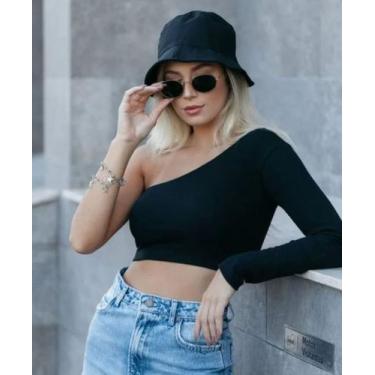 Imagem de Cropped Nula Manga Ombro Só Croped Feminino Cropeed Preto Liso Manga L