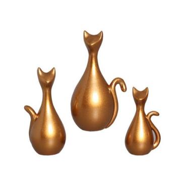 Imagem de Estatueta Família de Gatos em Cerâmica Decorativo Home Dourado - Sara 
