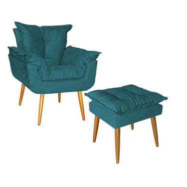 Imagem de Kit Poltrona e Puff Opala Para Quarto Sala Recepção Suede Azul Turques