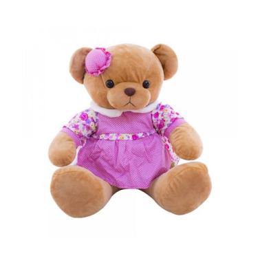 Imagem de Ursa Salmão ou Marrom Sentada De Vestido Florido E Chapeuzinho 37cm - 