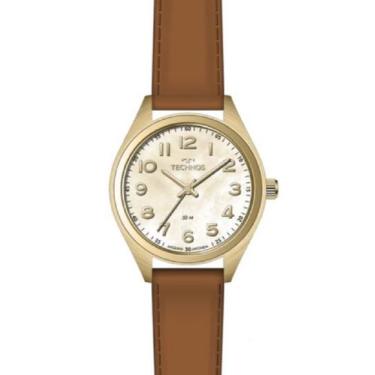 Imagem de Relogio Technos feminino dourado com numeros pulseira de couro marrom 