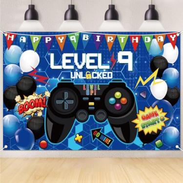 Imagem de Pano de fundo de videogame de 1,8 x 1,2 m, decorações de 9 anos para meninos, decoração de aniversário de 9 anos, decoração de aniversário de 9 anos, fundo de jogos, acessórios para fotos azuis,