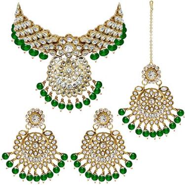 Imagem de Aheli Elegante vestido de festa de casamento Kundan falso cravejado curto colar brincos com Maang Tikka conjunto étnico indiano Bollywood joia moderna para mulheres Verde