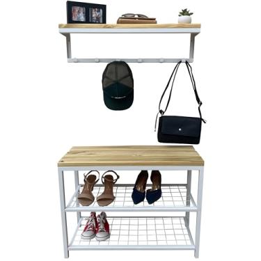 Imagem de Kit Sapateira e Cabideiro Strassis Design SD-5001-70 Metal e Madeira Cor: Branco