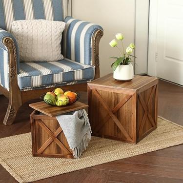 Imagem de COLLECTIVE HOME - Pufe de armazenamento de madeira, banco de armazenamento rústico, pacote com 2 bancos de descanso para os pés, mesa lateral de destaque, caixa de armazenamento de metal para móveis