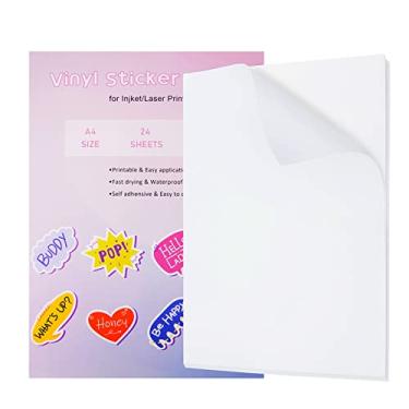Imagem de 24 folhas de papel adesivo impresso em vinil tamanho A4 (21 cm x 29,7 cm), papel adesivo holográfico branco brilhante autoadesivo à prova d'água seca rapidamente para impressora jato de tinta/laser