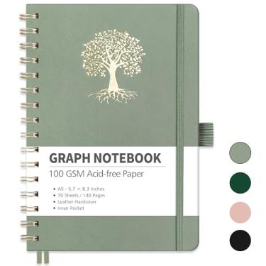 Imagem de RETTACY Caderno de papel quadriculado, 140 páginas, tamanho médio A5 (14 x 21 cm), 5 quadrados por polegada, capa dura de couro, papel grosso 100 GSM, para escola, estudantes, matemática, engenharia