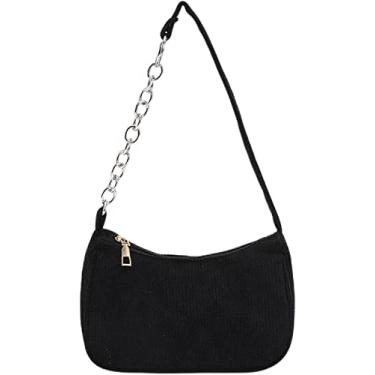 Imagem de AIBEARTY Bolsa feminina de veludo cotelê para meninas bolsa de mão retrô pequena bolsa de ombro bolsa clutch tote, Preta (alça de corrente), One Size, Elegante