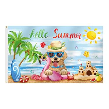 Imagem de SENSEVEN Hello Summer Piscina Bandeira de Praia 9,5 x 1,5 m, Bandeira de Cachorro Golden Retriever Natação com Ilhós de Latão para Varanda de Quintal Decoração Externa Bandeira de Verão
