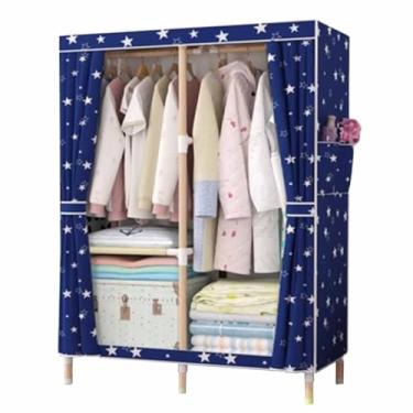 Imagem de Guarda-roupa Armário de guarda-roupa resistente dobrável grosso madeira maciça montado oxford pano único tecido dormitório aluguel pano guarda-roupa armário