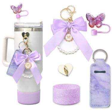 Imagem de Conjunto de acessórios Stanley Cup, incluindo alça de corrente de pérola com laço, tampa de canudo de borboleta, suporte de batom e bota de silicone para Stanley Cup 1,134 g e 850 g (roxo lilás)