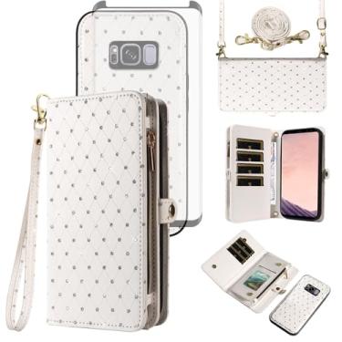 Imagem de Asuwish Capa de celular para Samsung Galaxy S8 Plus com zíper carteira de celular com alça protetora de tela de vidro temperado com glitter flip compartimento para cartão S8plus S 8 8plus 8S Edge S8+