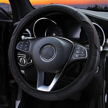 Imagem de Capa de volante universal, capa antiderrapante com melhor aderência e costura reforçada para carro, 37-38 cm de diâmetro, couro PU de microfibra, todas as estações (preto)