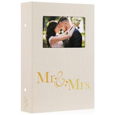 Imagem de Lanpn Álbum de Fotos de Casamento 4X6 300 Fotos de Bolso, Capa de Linho, Grande Capacidade, Álbum de Janela de Casamento para Recém-Casados, Comporta 300 Fotos Horizontais (Sr. e Sra., Bege)