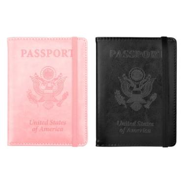 Imagem de Porta-passaporte e porta-cartão de vacina, capa para passaporte com bloqueio RFID, Rosa + preto, Elástico