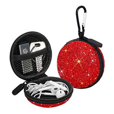Imagem de SAVORI Capa para fone de ouvido pequenas capas para transporte de strass brilhante organizador de fone de ouvido portátil bolsa de armazenamento com mosquetão 1 pacote (vermelho)