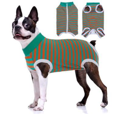 Imagem de BRKURLEG Terno de recuperação para cães e gatos após a cirurgia, traje de recuperação de cirurgia para cães, roupa de recuperação de cirurgia, tecido listrado macio respirável para ferimentos, fecho