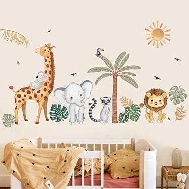 Imagem de wondever Adesivos de parede Boho Animais da Selva Safari Animal Palmeira Elefante Girafa Leão Peel and Stick Decalques de Arte de Parede para Quarto de Bebê Infantil